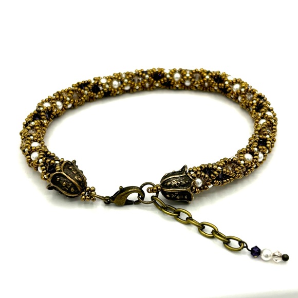 HAND CRAFTED Netted Crystal and Pearl Bracelet Bronze - Picture 3 of 8